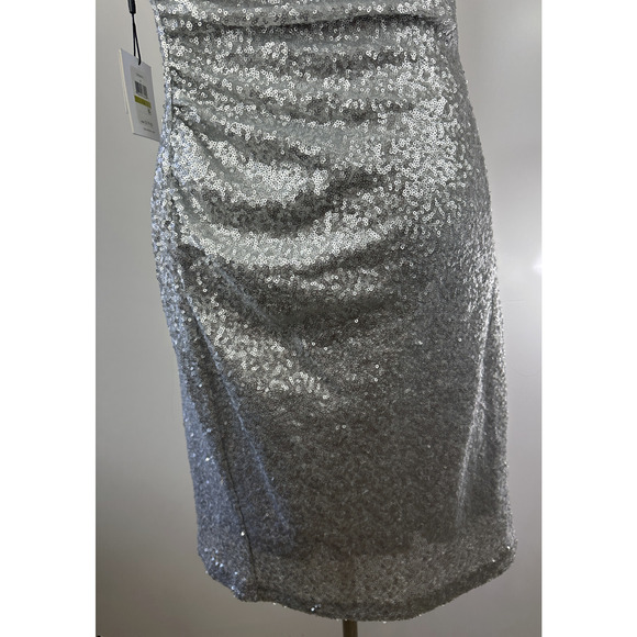 NWT Calvin Klein Sequin Ruched Sheath Shift Dress Silver Pleated Bodycon Size 14 - Picture 7 of 16